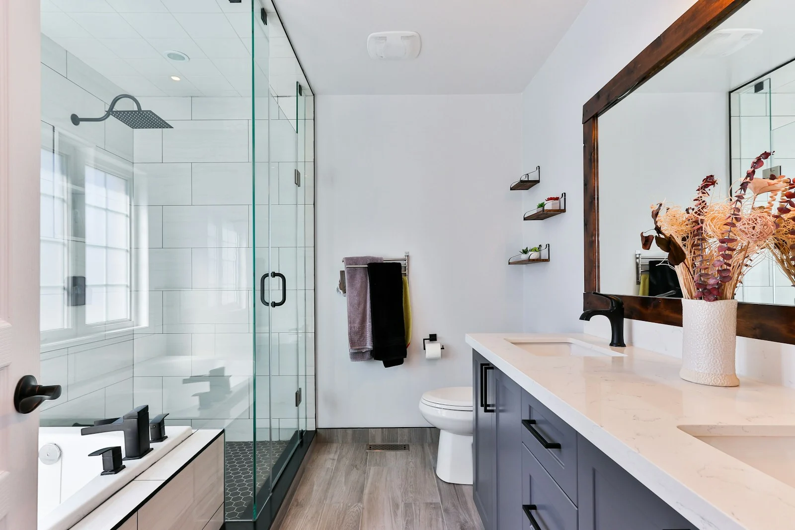 Finished bathroom with basin, shower and WC